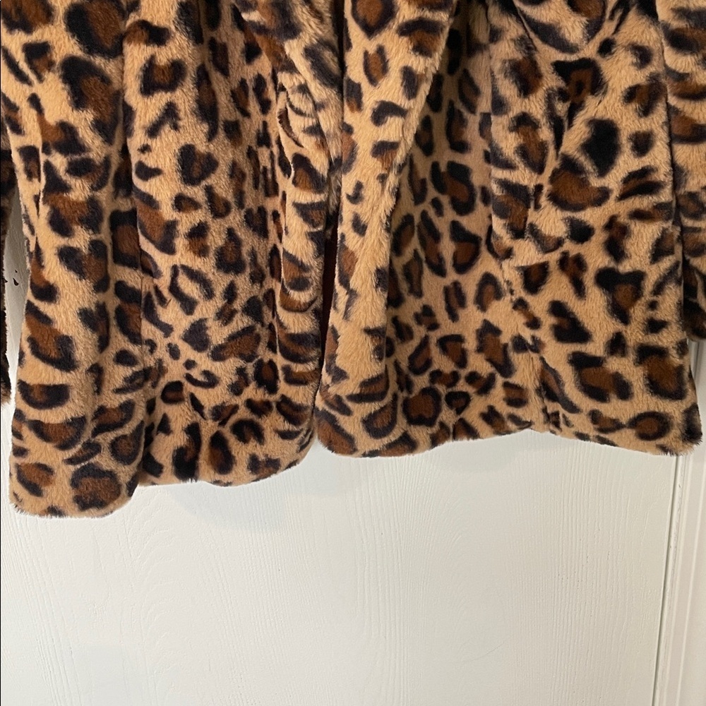 💰Leopard Print Faux Fur Teddy Coat Cropped Open Front Lined Size Small - Picture 6 of 9